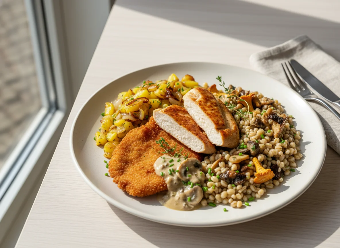 Gemischter Teller mit Fleisch, Kartoffeln und Graupen photo