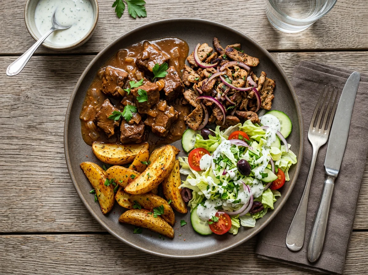 Gemischter Teller mit Fleisch, Kartoffeln und Salat photo