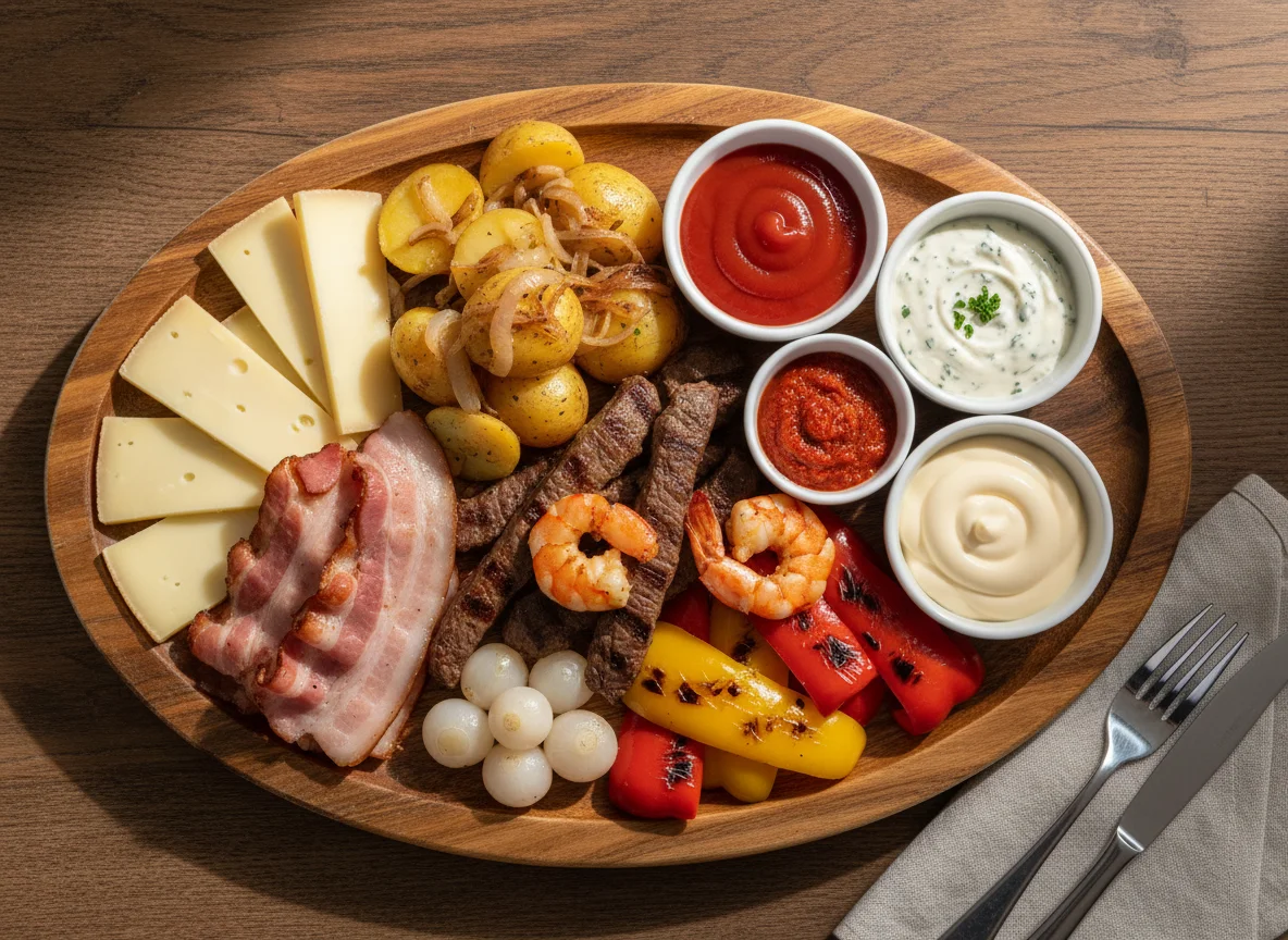 Gemischter Teller mit Fleisch, Käse und Saucen photo