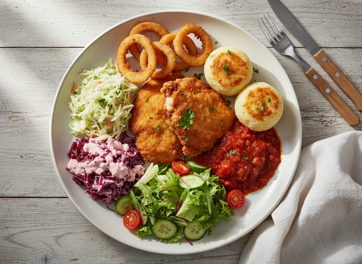 Gemischter Teller mit Fleisch, Klößen und Salaten photo