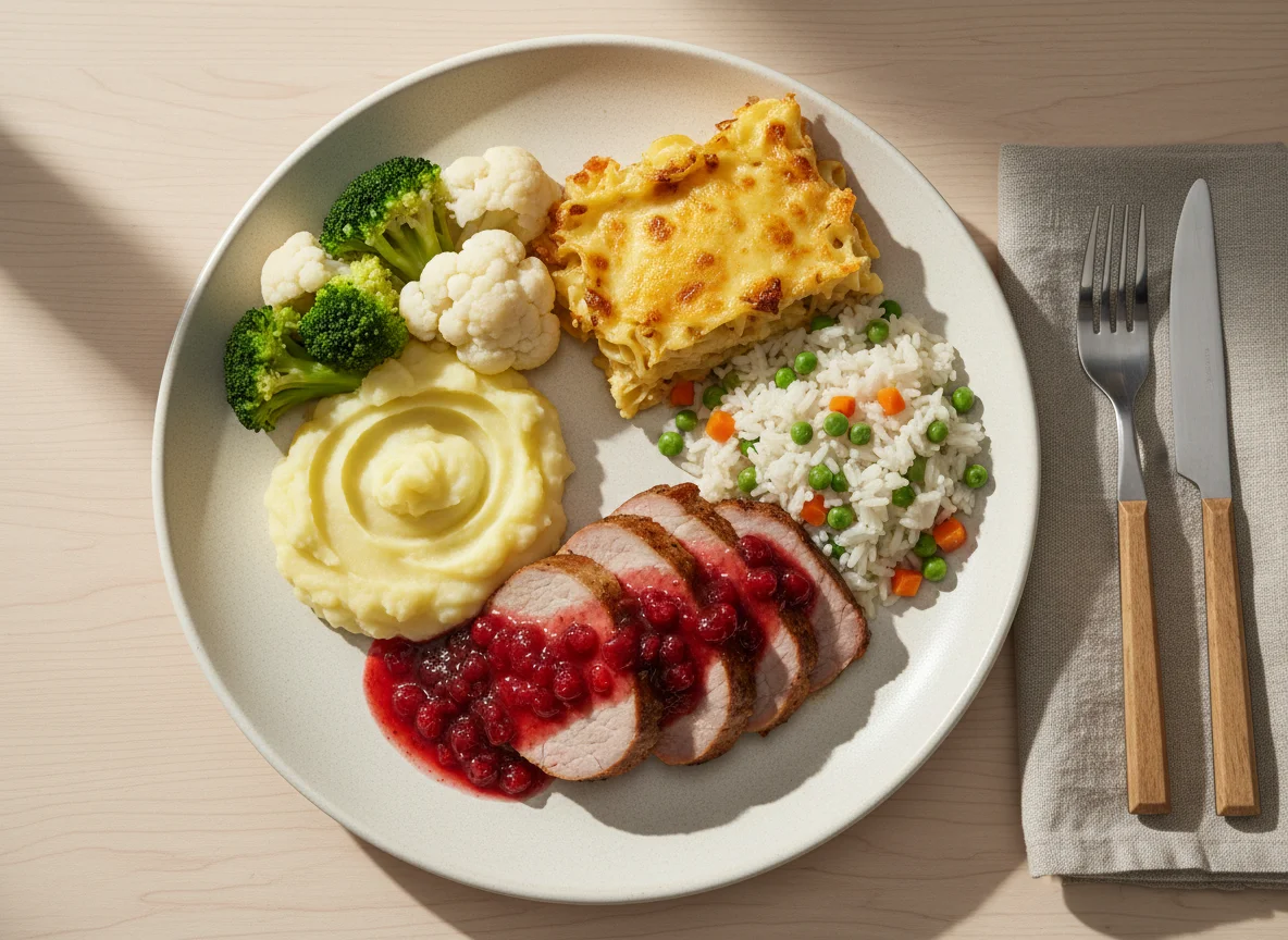 Gemischter Teller mit Fleisch, Nudeln und Reis photo