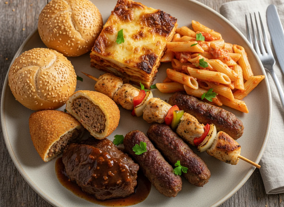 Gemischter Teller mit Fleisch, Pasta und Gebäck photo