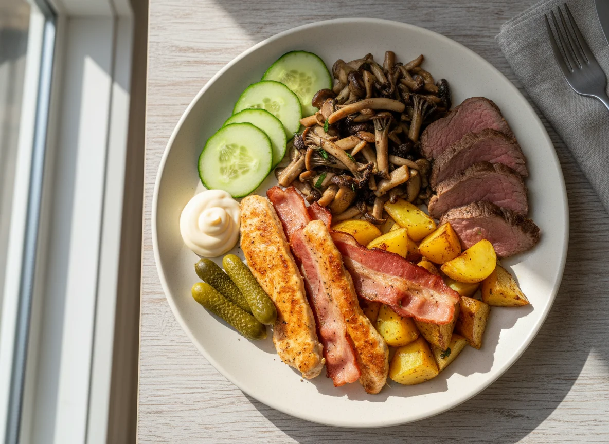 Gemischter Teller mit Fleisch, Pilzen und Gemüse photo