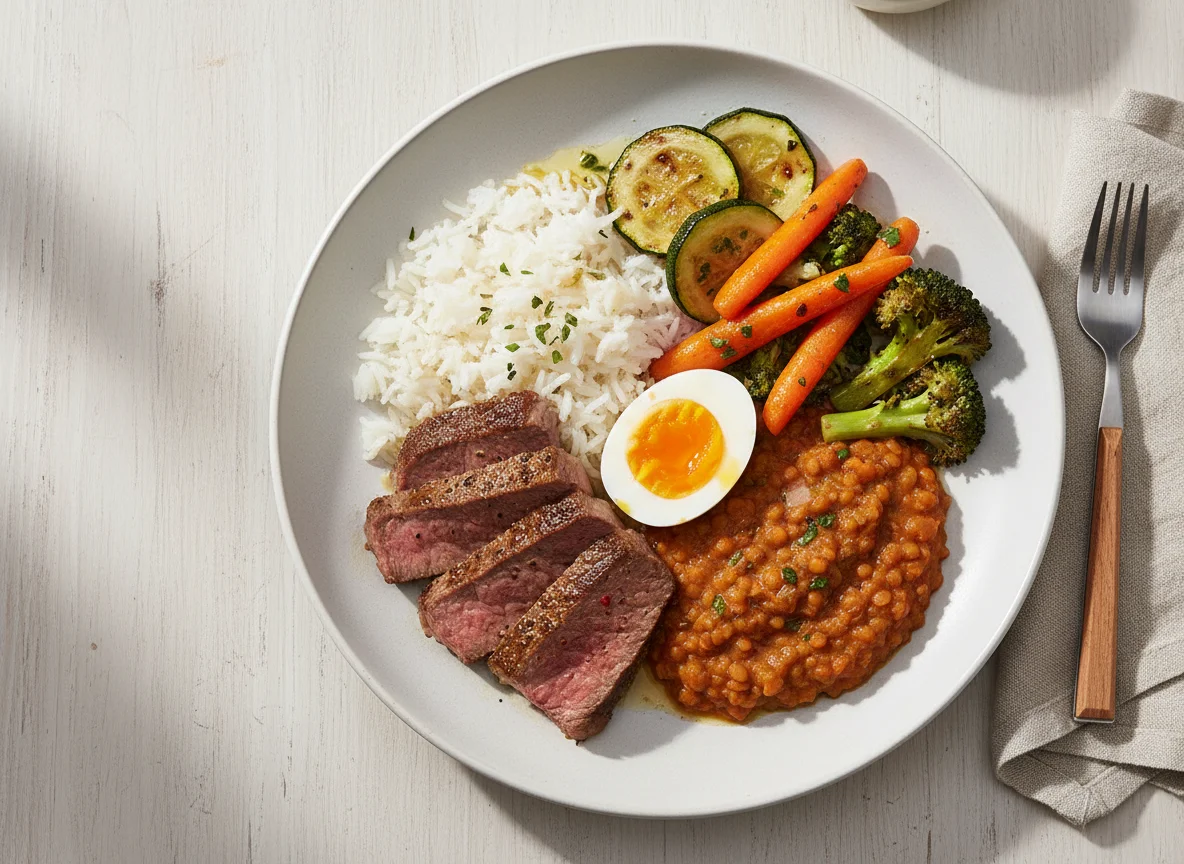 Gemischter Teller mit Fleisch, Reis, Linsen und Gemüse photo