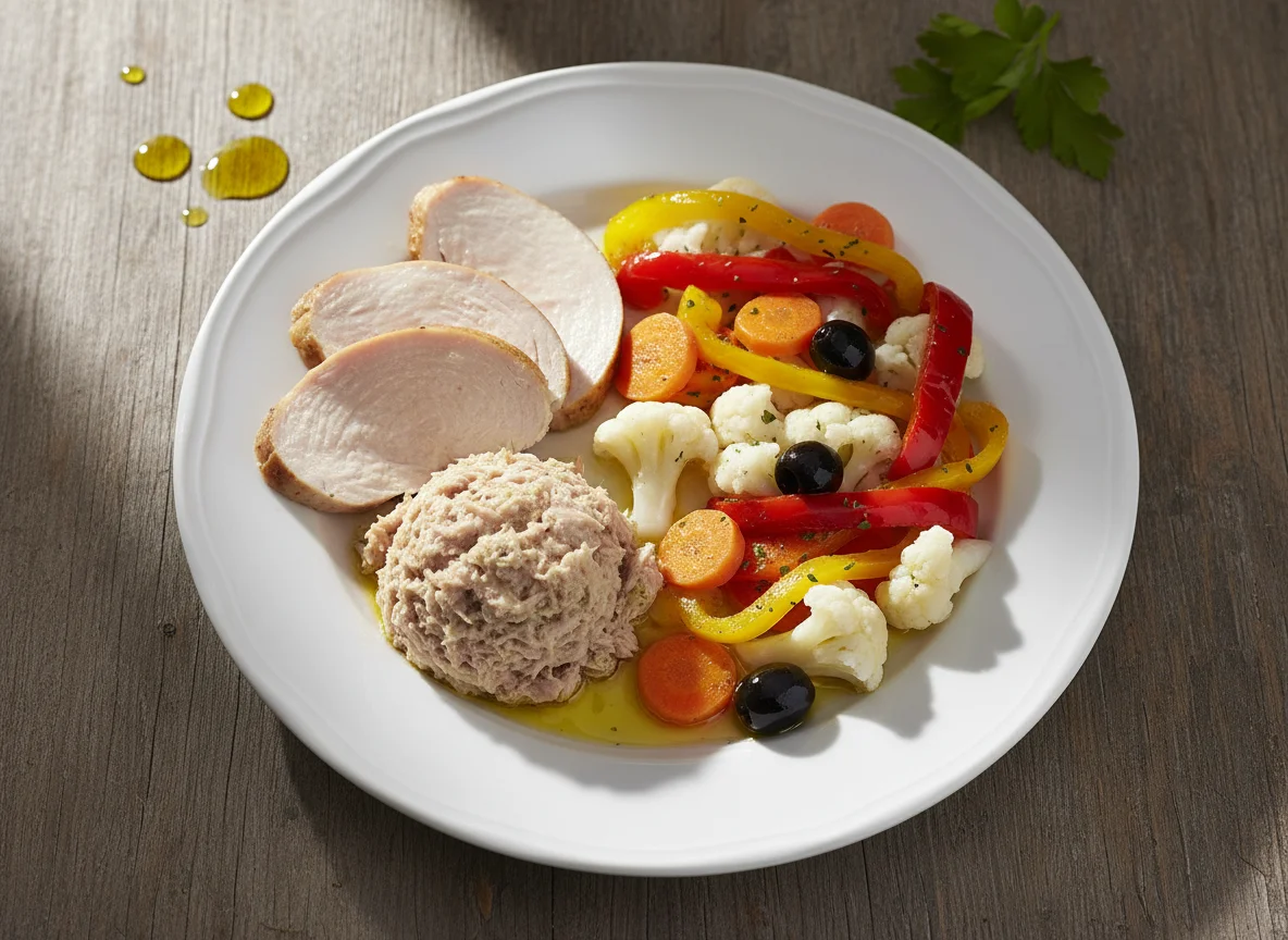 Gemischter Teller mit Fleisch, Thunfisch und Gemüse photo