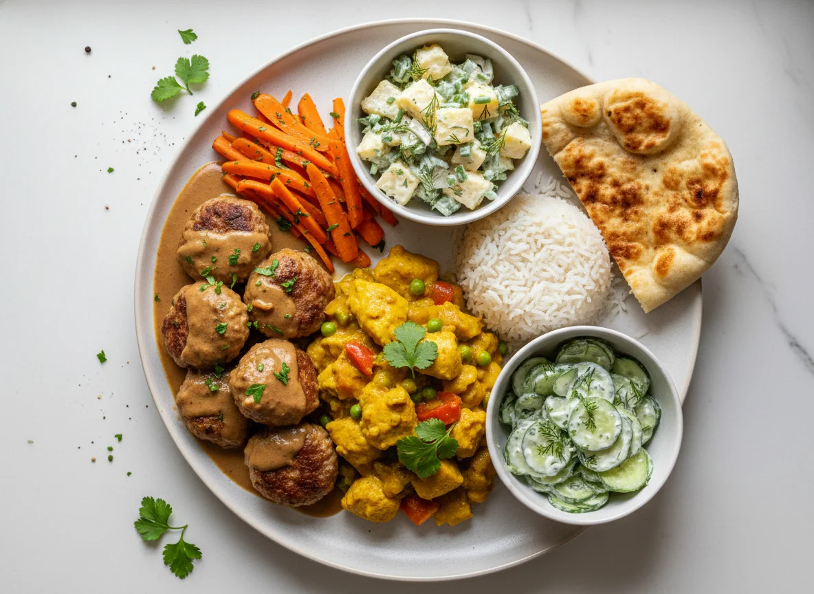 Gemischter Teller mit Fleischbällchen, Curry, Reis und Beilagen photo