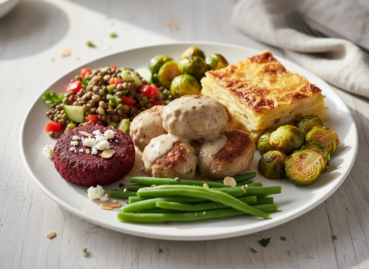 Gemischter Teller mit Fleischbällchen und Linsen photo