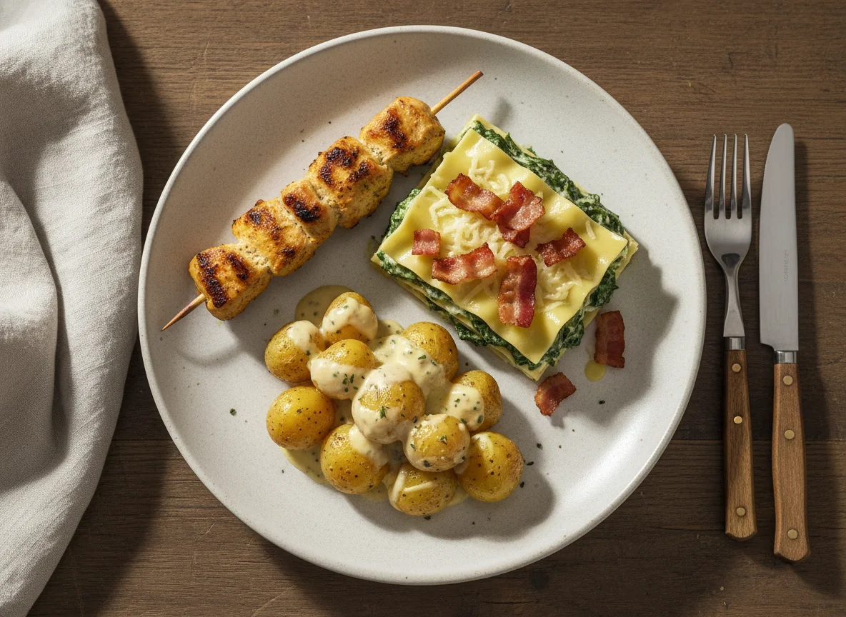 Gemischter Teller mit Fleischspieß, Spinat-Lasagne und Kartoffeln photo