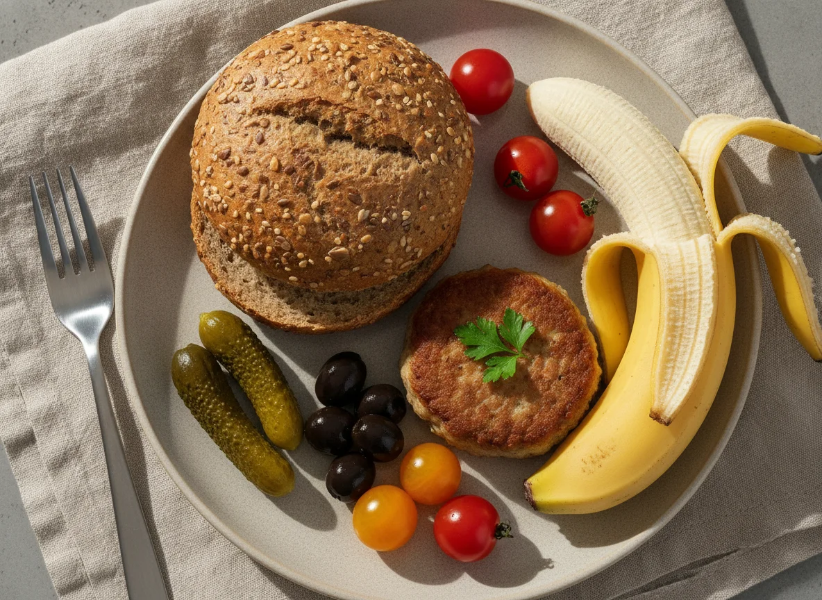Gemischter Teller mit Frikadelle und Brot photo