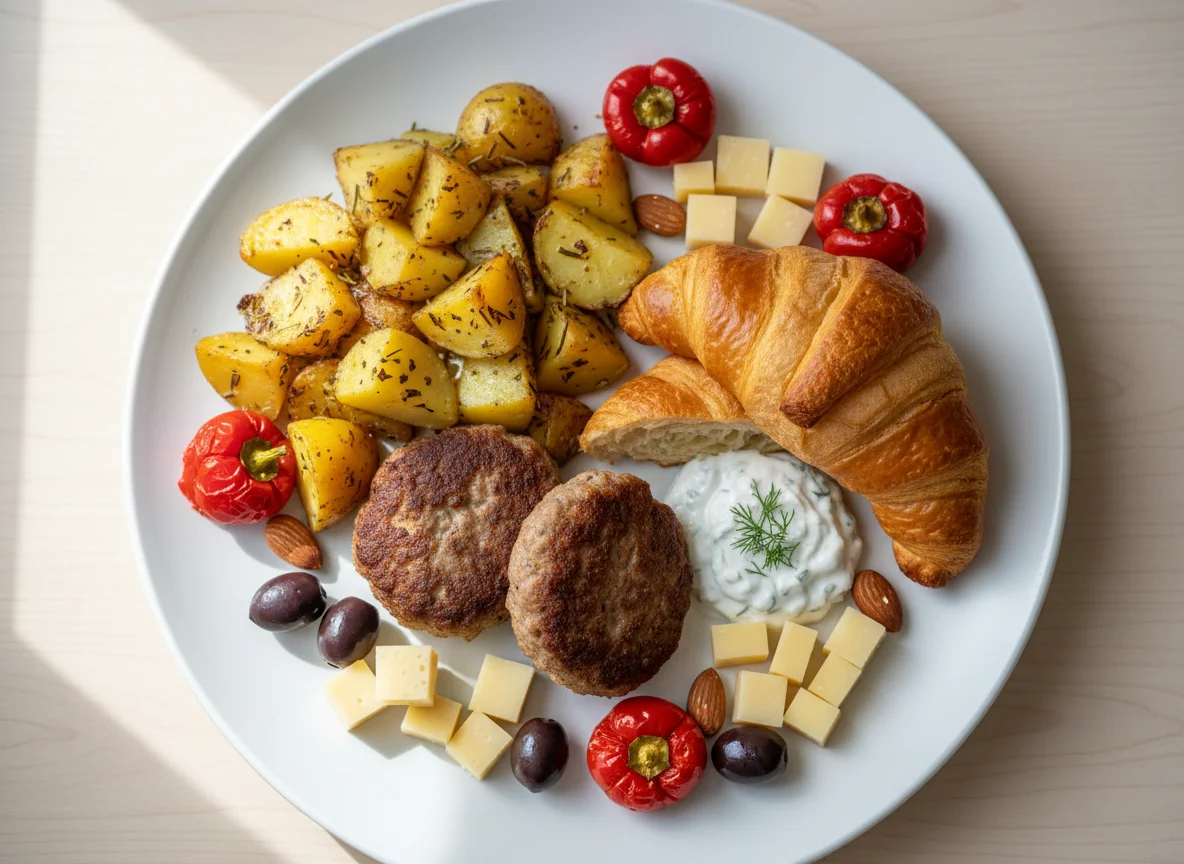 Gemischter Teller mit Frikadellen, Kartoffeln und Croissant photo