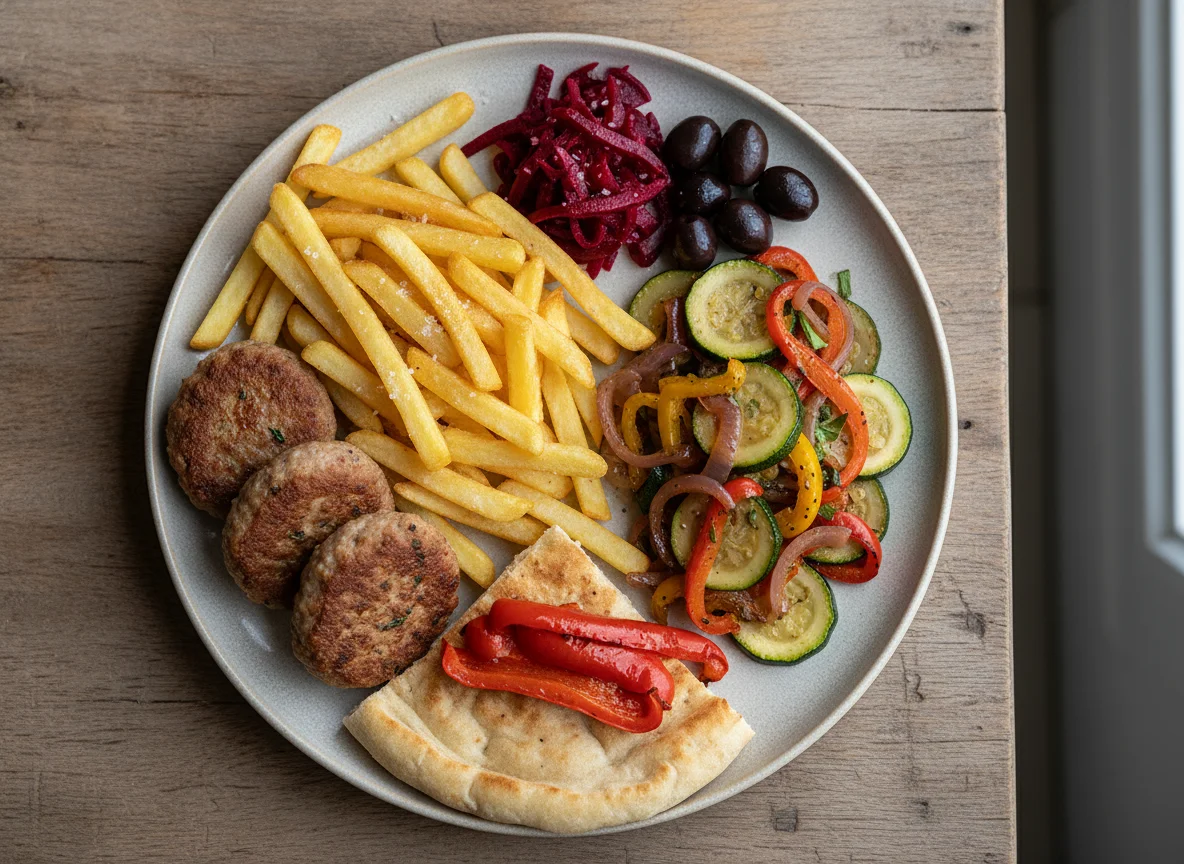 Gemischter Teller mit Frikadellen, Pommes und Gemüse photo