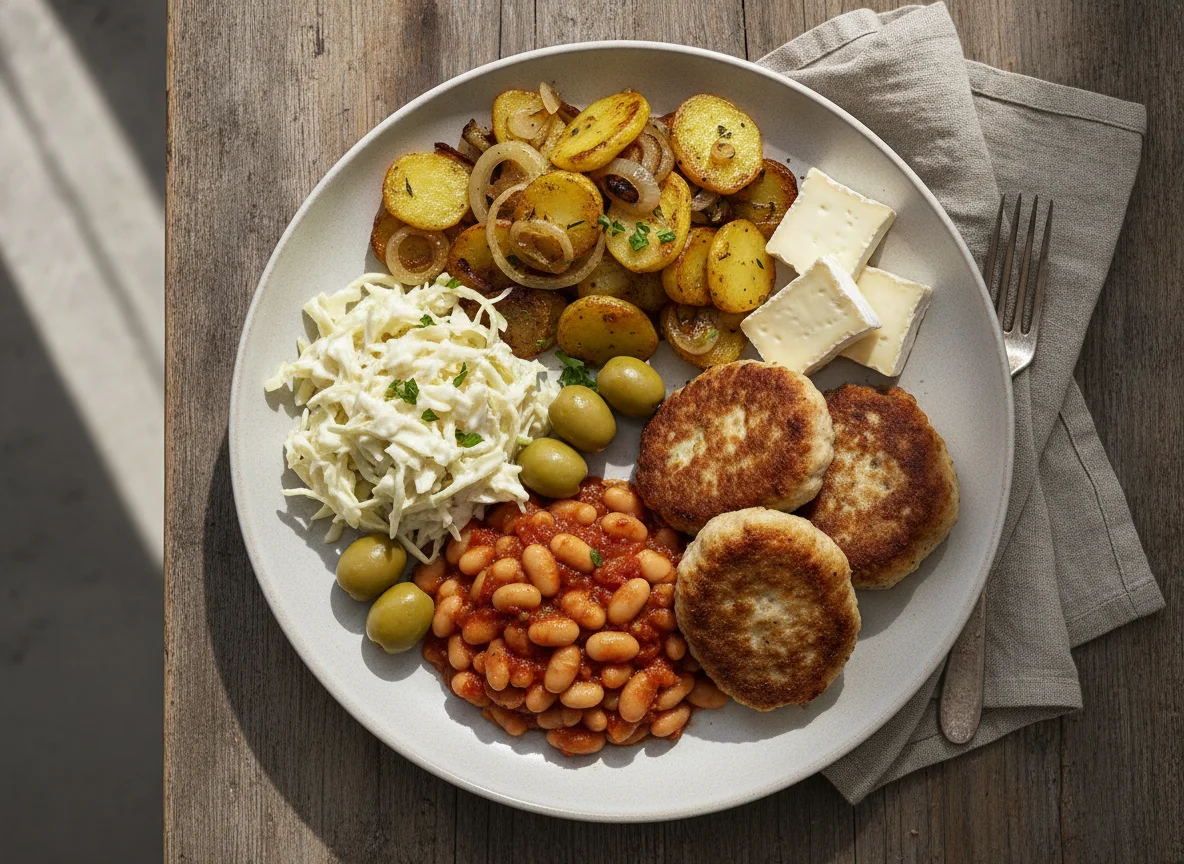 Gemischter Teller mit Frikadellen und Kartoffeln photo