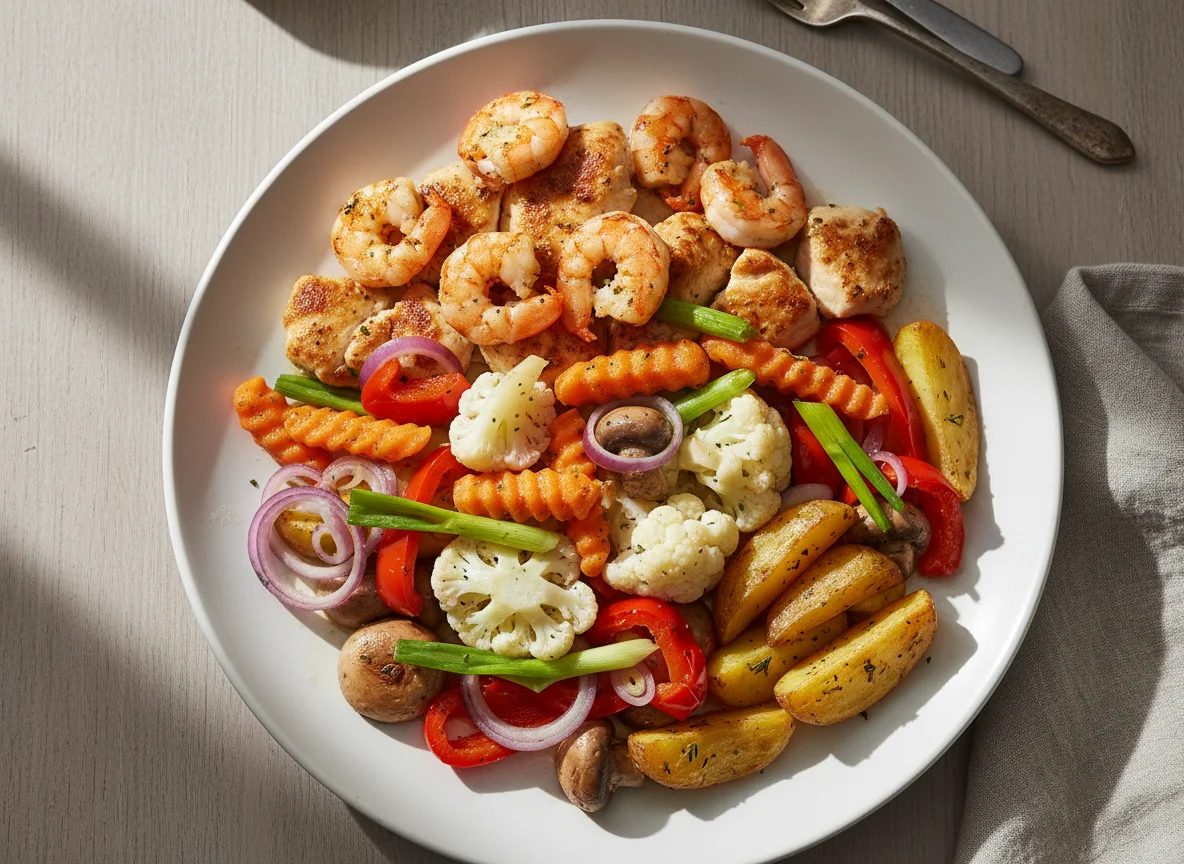 Gemischter Teller mit Garnelen, Hähnchen und Gemüse photo