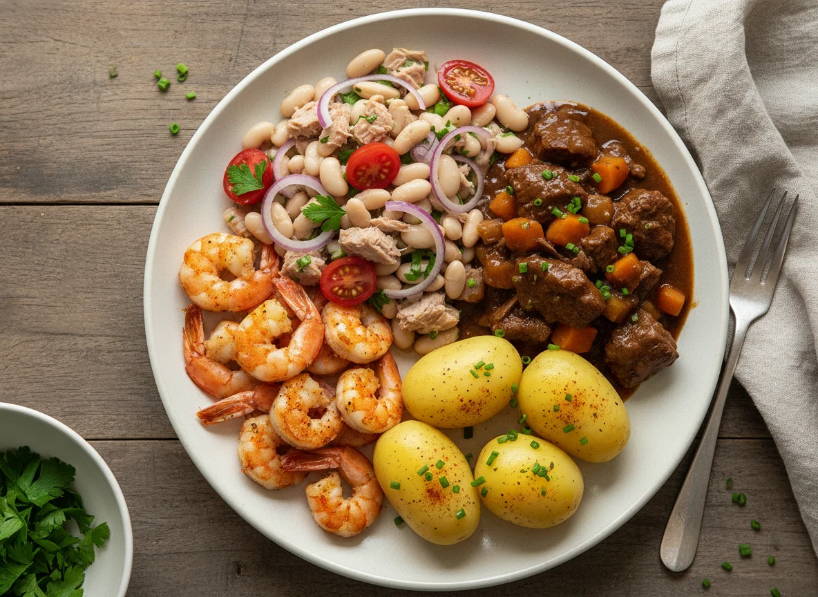 Gemischter Teller mit Garnelen und Bohnensalat photo