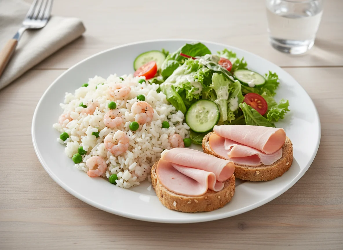 Gemischter Teller mit Garnelenreis, Salat und Schinkenbrot photo