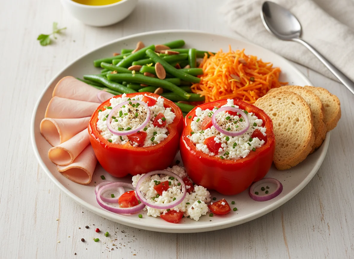 Gemischter Teller mit gefüllten Paprika und Beilagen photo
