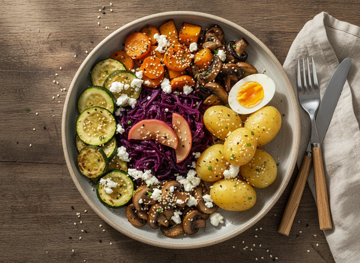 Gemischter Teller mit Gemüse, Ei und Kartoffeln photo