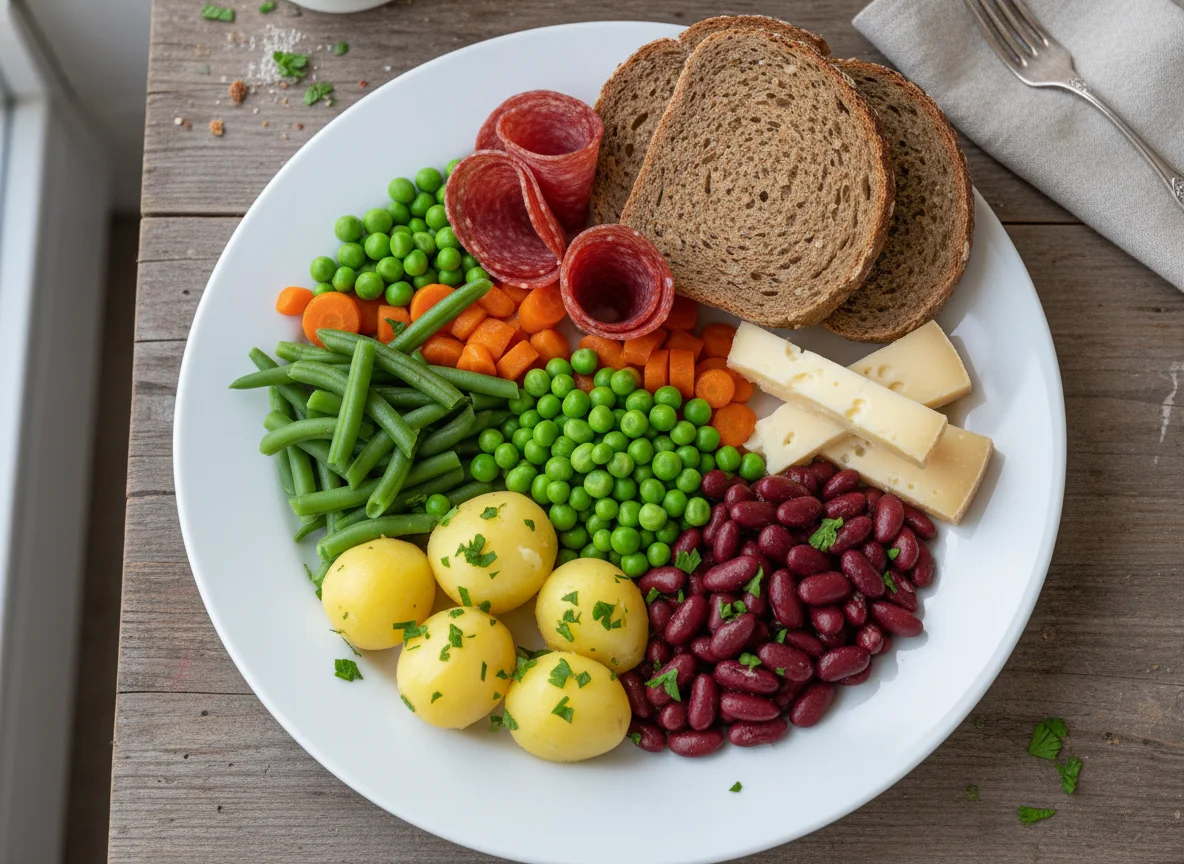 Gemischter Teller mit Gemüse, Käse und Salami photo