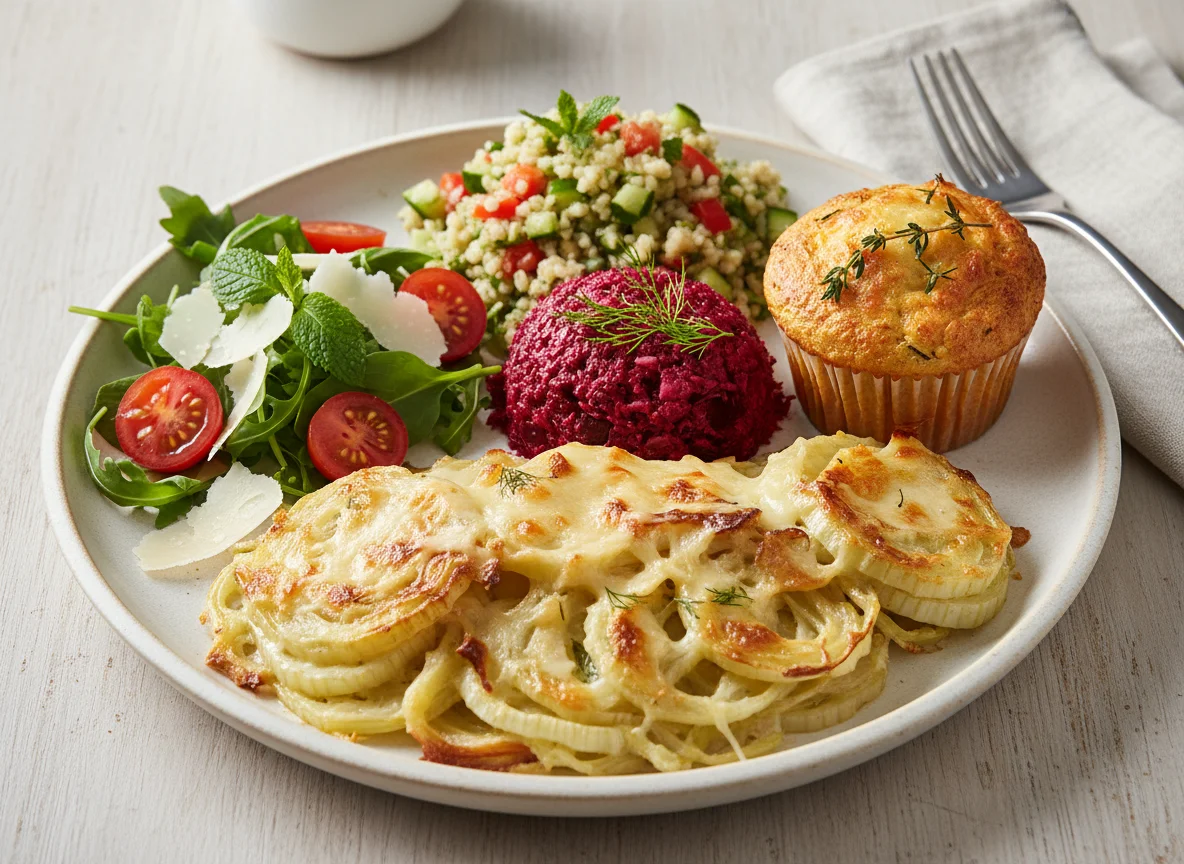 Gemischter Teller mit Gratin, Salat und Bulgur photo