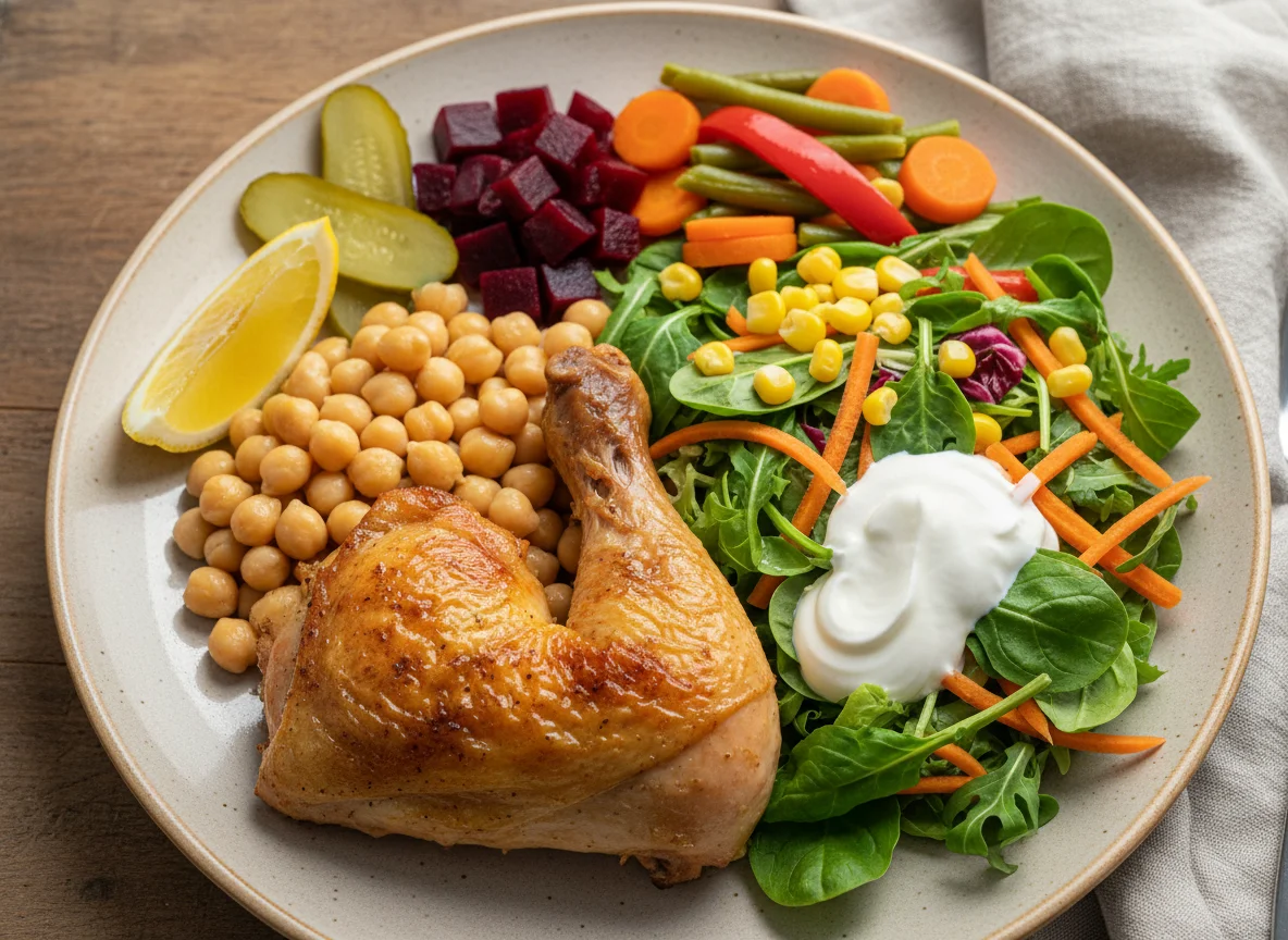 Gemischter Teller mit Hähnchen, Kichererbsen und Salat photo