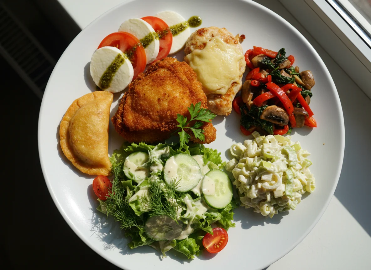 Gemischter Teller mit Hähnchen, Salaten und Teigtasche photo