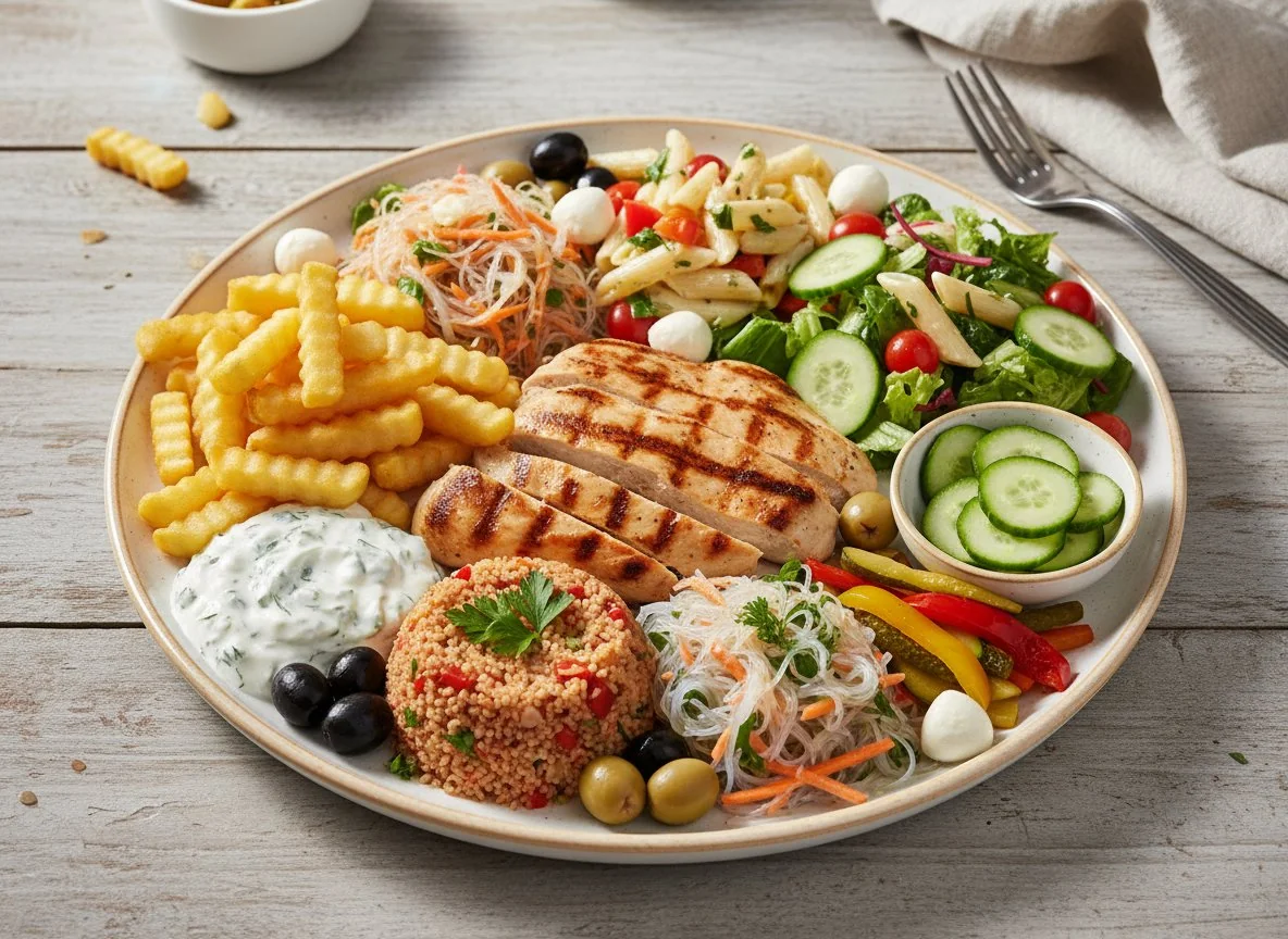 Gemischter Teller mit Hähnchen und Salaten photo