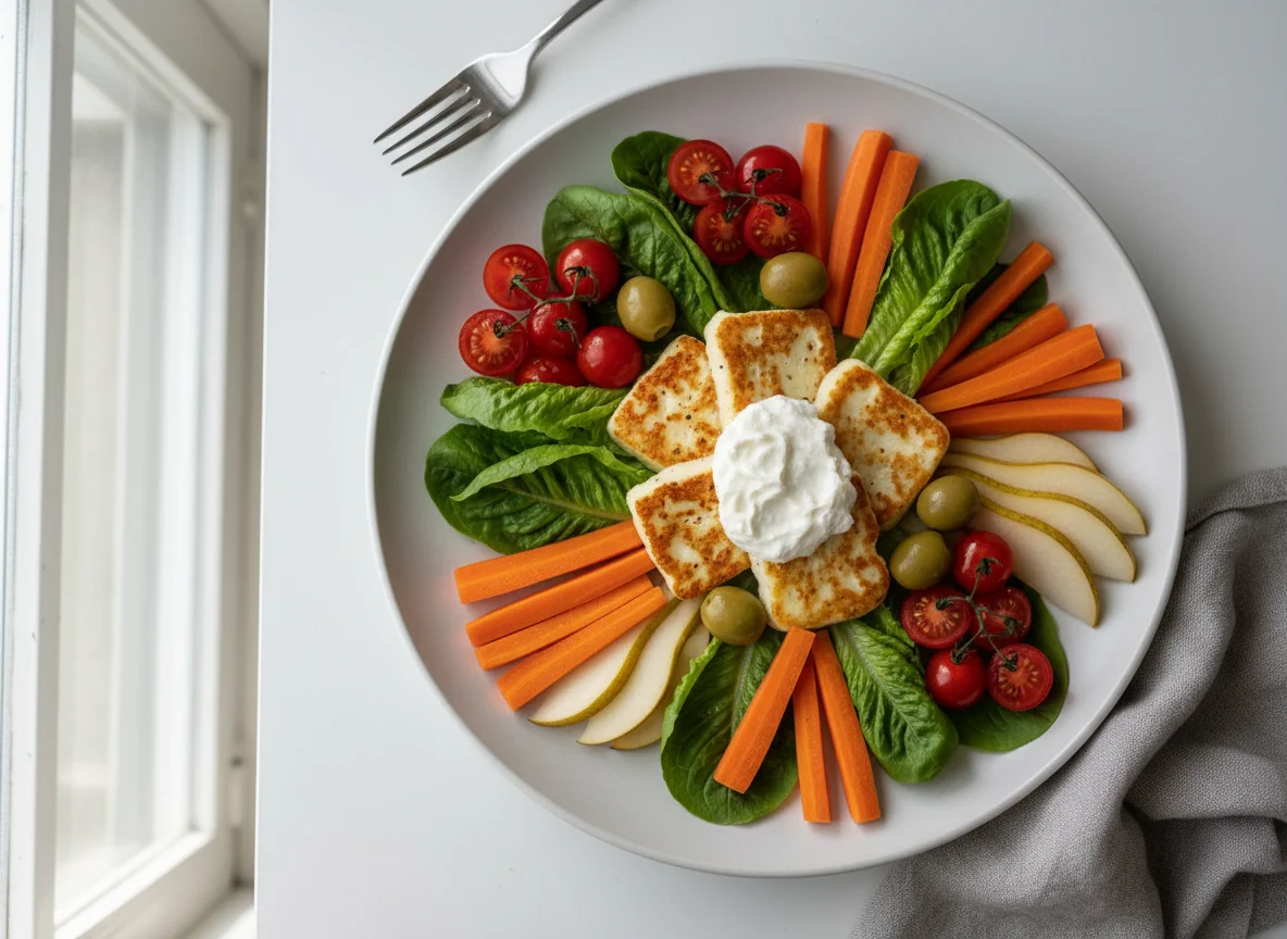 Gemischter Teller mit Halloumi und Obst photo
