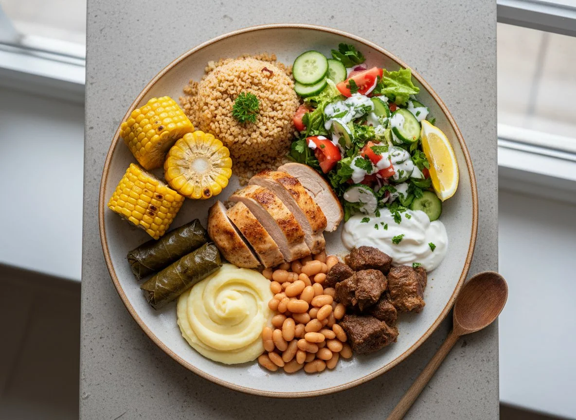 Gemischter Teller mit Huhn, Bulgur und Beilagen photo