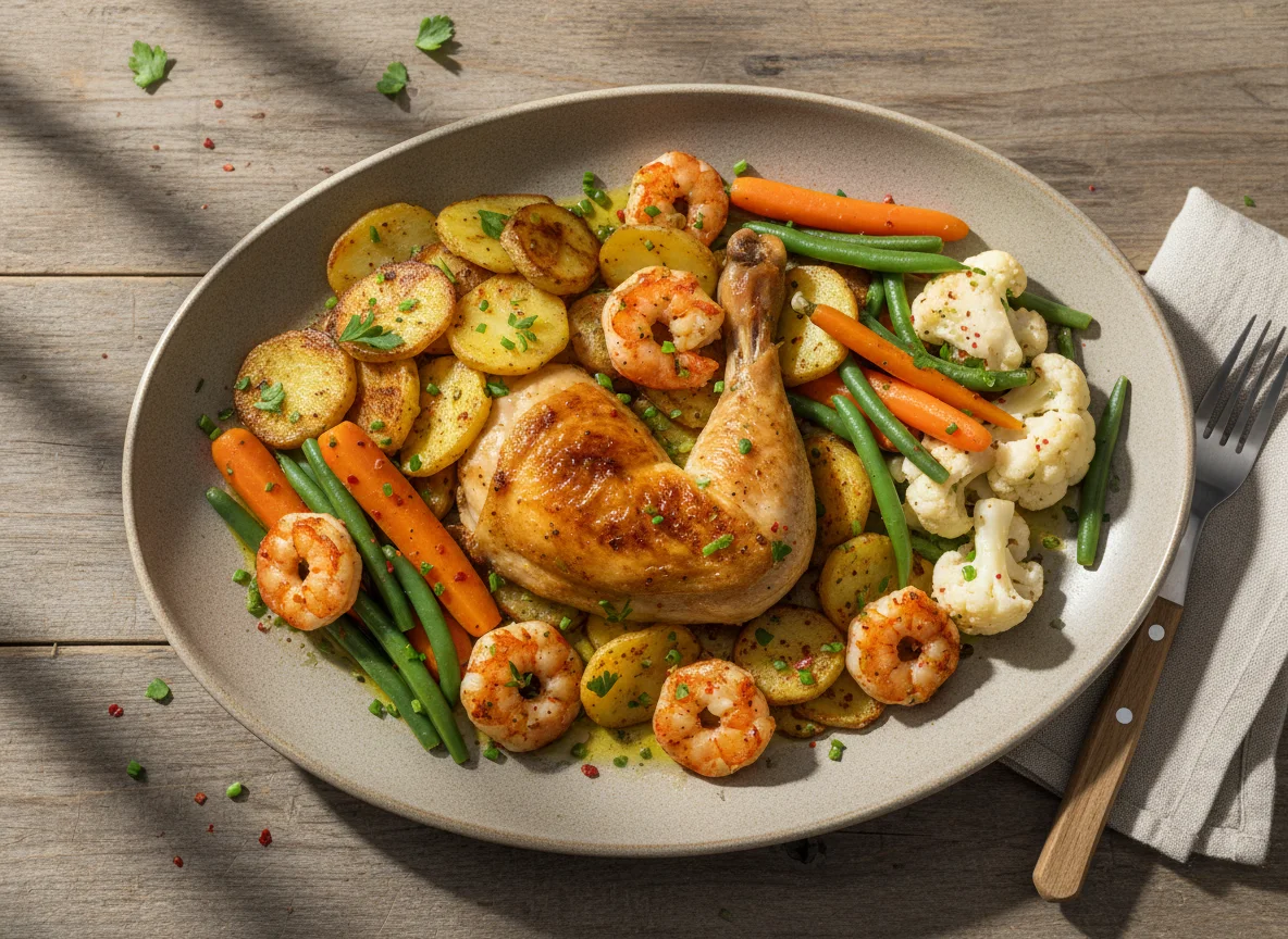 Gemischter Teller mit Huhn, Kartoffeln und Gemüse photo