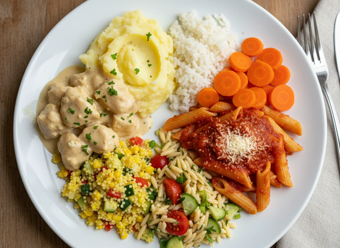 Gemischter Teller mit Huhn, Kartoffelpüree und Beilagen photo