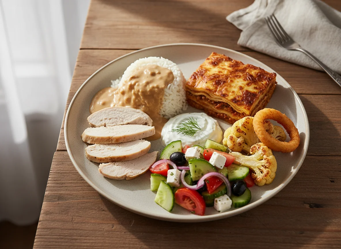 Gemischter Teller mit Huhn, Lasagne und Salaten photo
