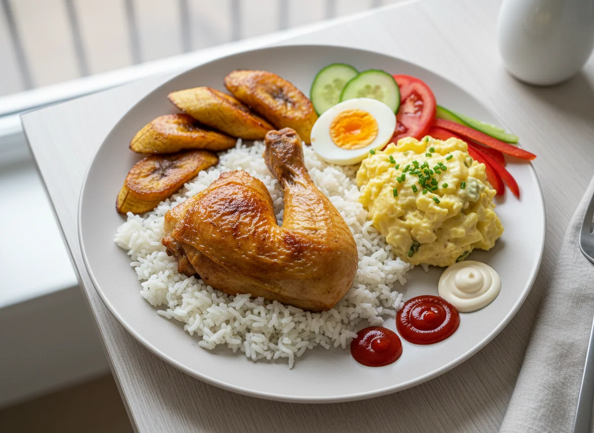 Gemischter Teller mit Huhn, Reis und Beilagen photo