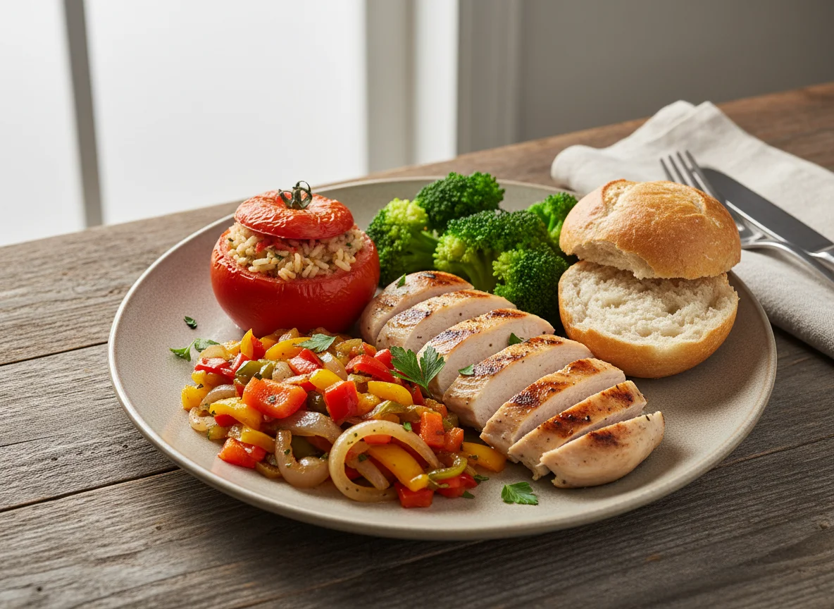 Gemischter Teller mit Huhn und Gemüse photo