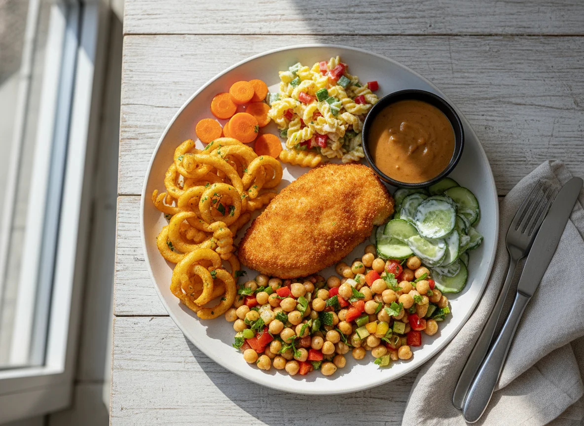 Gemischter Teller mit Huhn und Pommes photo