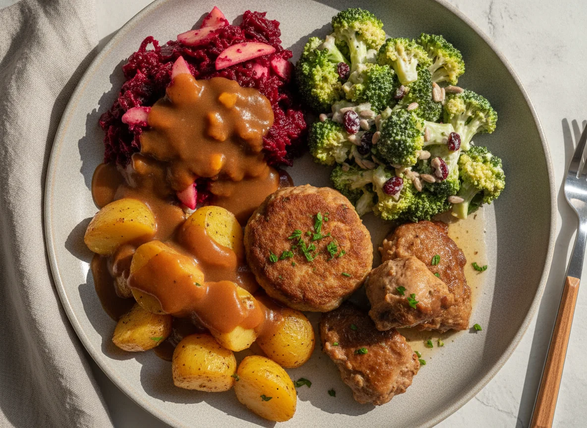 Gemischter Teller mit Kartoffel, Rote Bete und Brokkolisalat photo