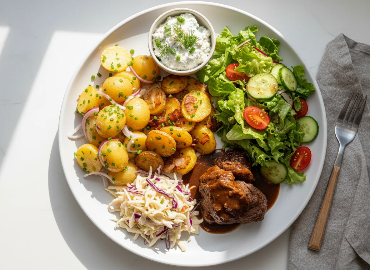Gemischter Teller mit Kartoffelgerichten und Salat photo