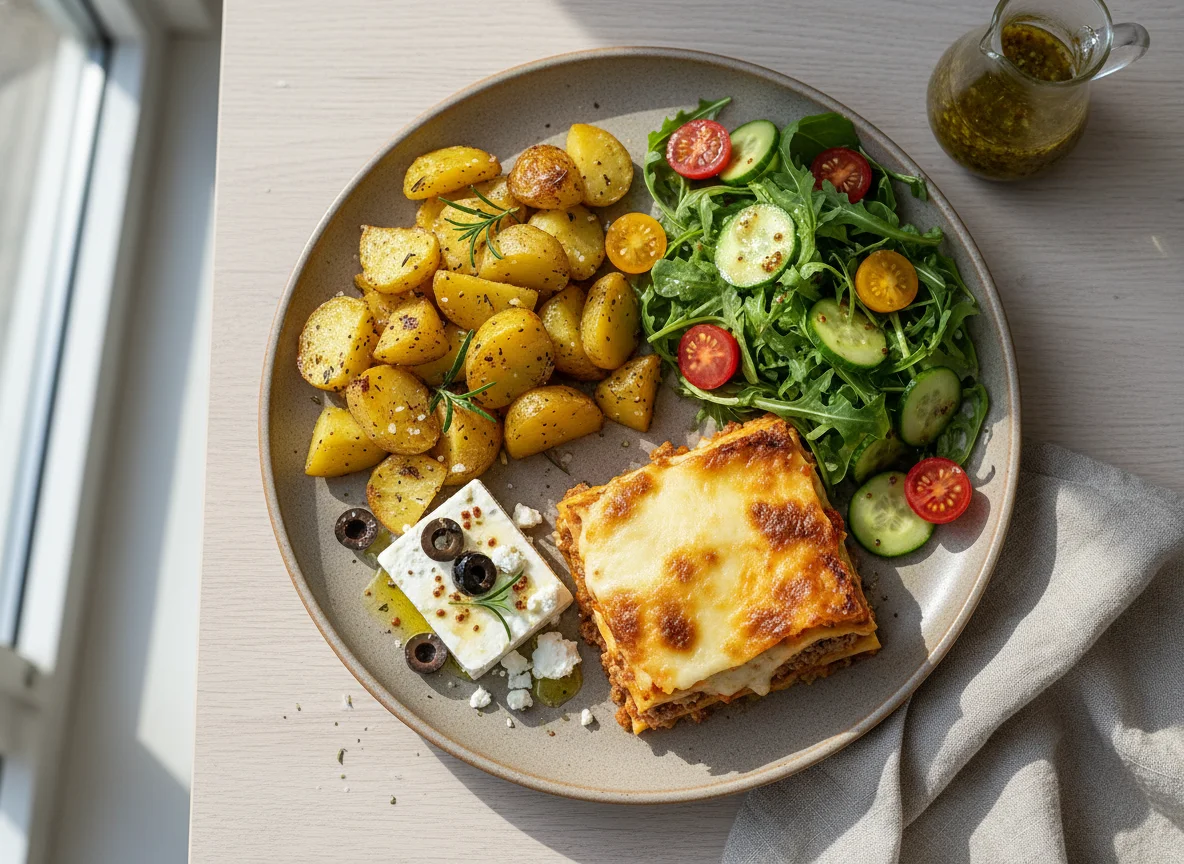 Gemischter Teller mit Kartoffeln, Feta, Lasagne und Salat photo