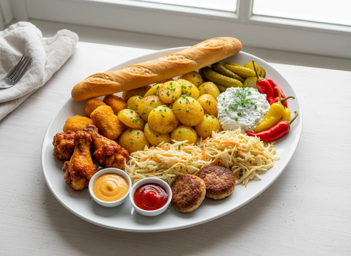 Gemischter Teller mit Kartoffeln, Fleisch und Beilagen photo