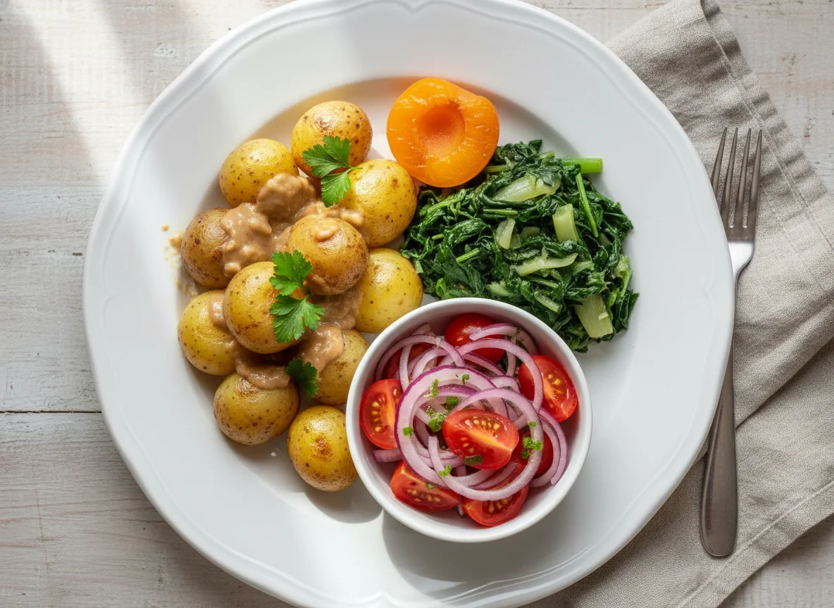 Gemischter Teller mit Kartoffeln, Gemüse und Salat photo