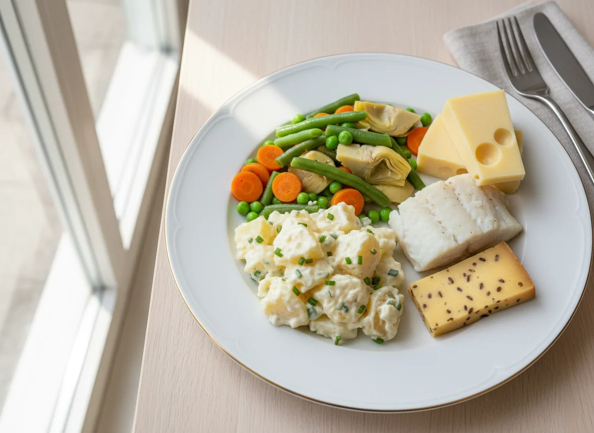 Gemischter Teller mit Kartoffelsalat, Gemüse, Fisch und Käse photo