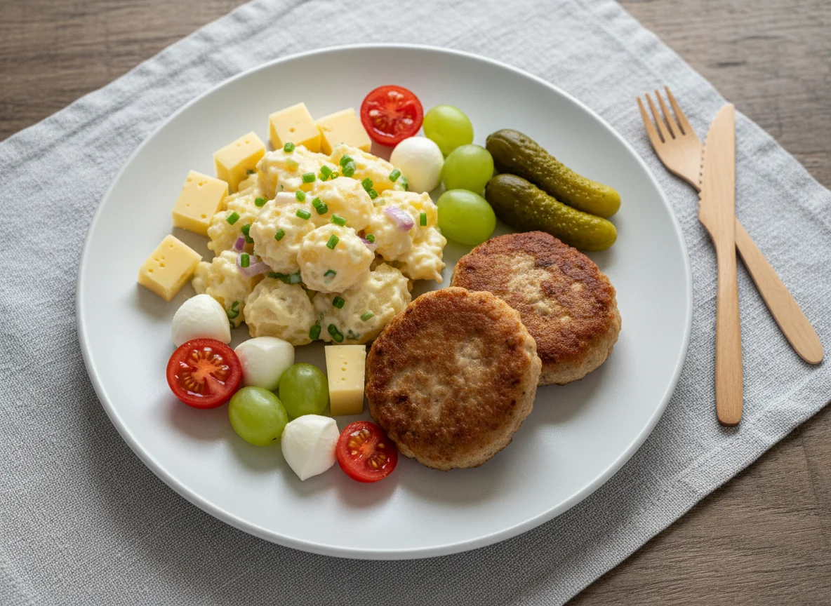 Gemischter Teller mit Kartoffelsalat und Frikadellen photo