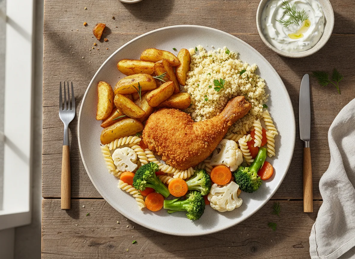 Gemischter Teller mit Kartoffelspalten, Couscous, Gemüse, Nudeln und Hähnchen photo