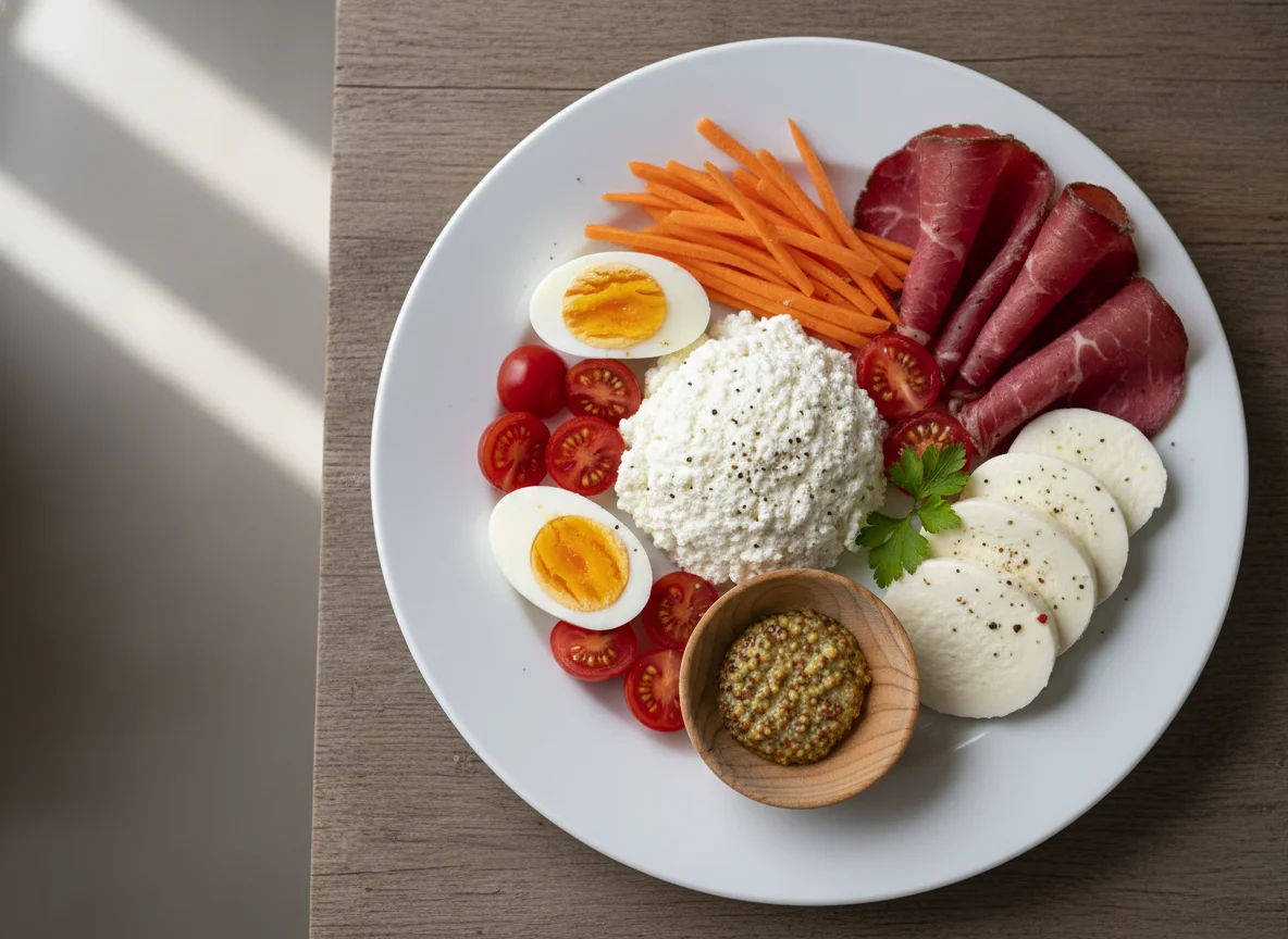 Gemischter Teller mit Käse, Gemüse, Ei und Fleisch photo