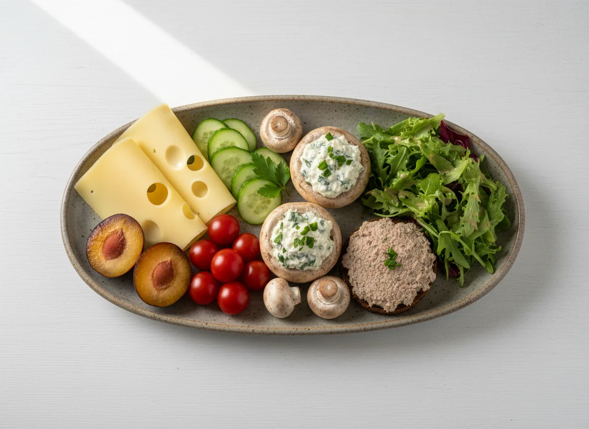 Gemischter Teller mit Käse, Gemüse und Obst photo