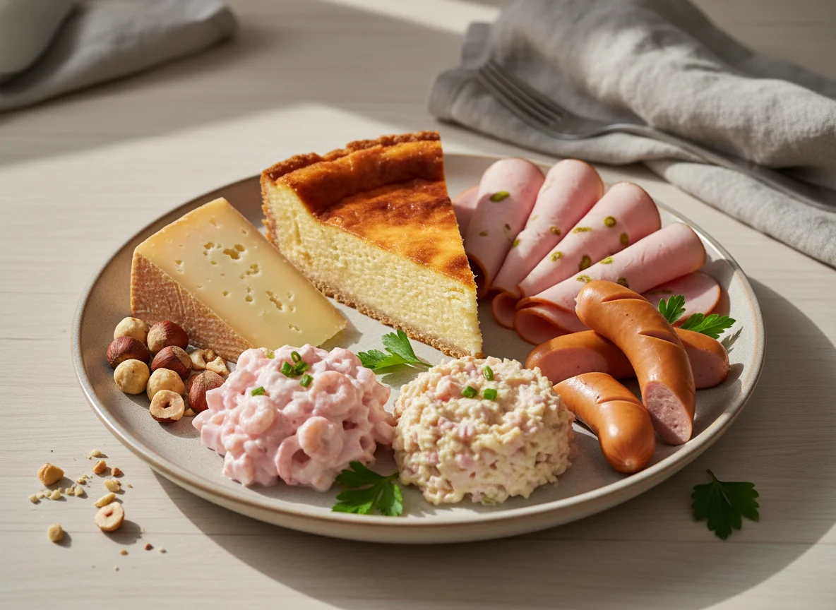 Gemischter Teller mit Käse, Kuchen, Wurst und Salaten photo