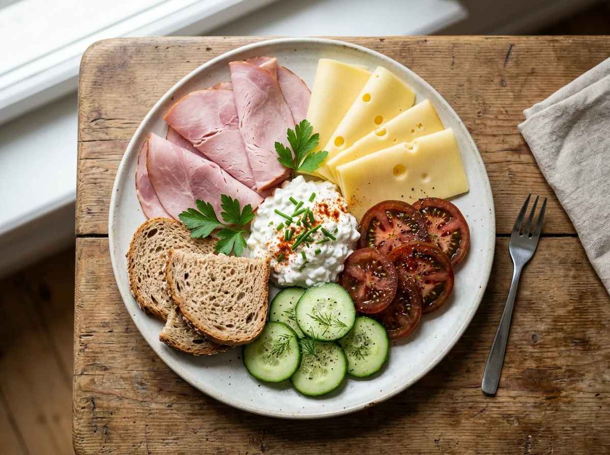 Gemischter Teller mit Käse, Schinken und Gemüse photo
