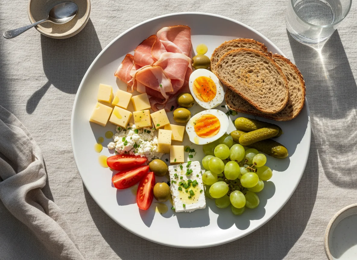 Gemischter Teller mit Käse, Wurst und Gemüse photo