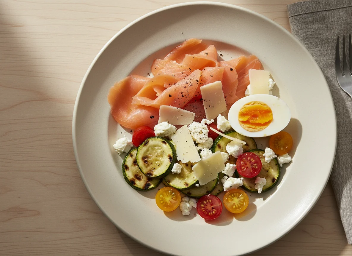 Gemischter Teller mit Lachs, Ei und Gemüse photo