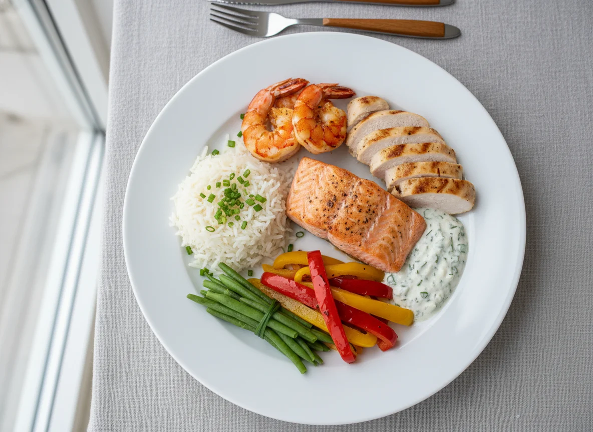 Gemischter Teller mit Lachs, Garnelen und Hähnchen photo