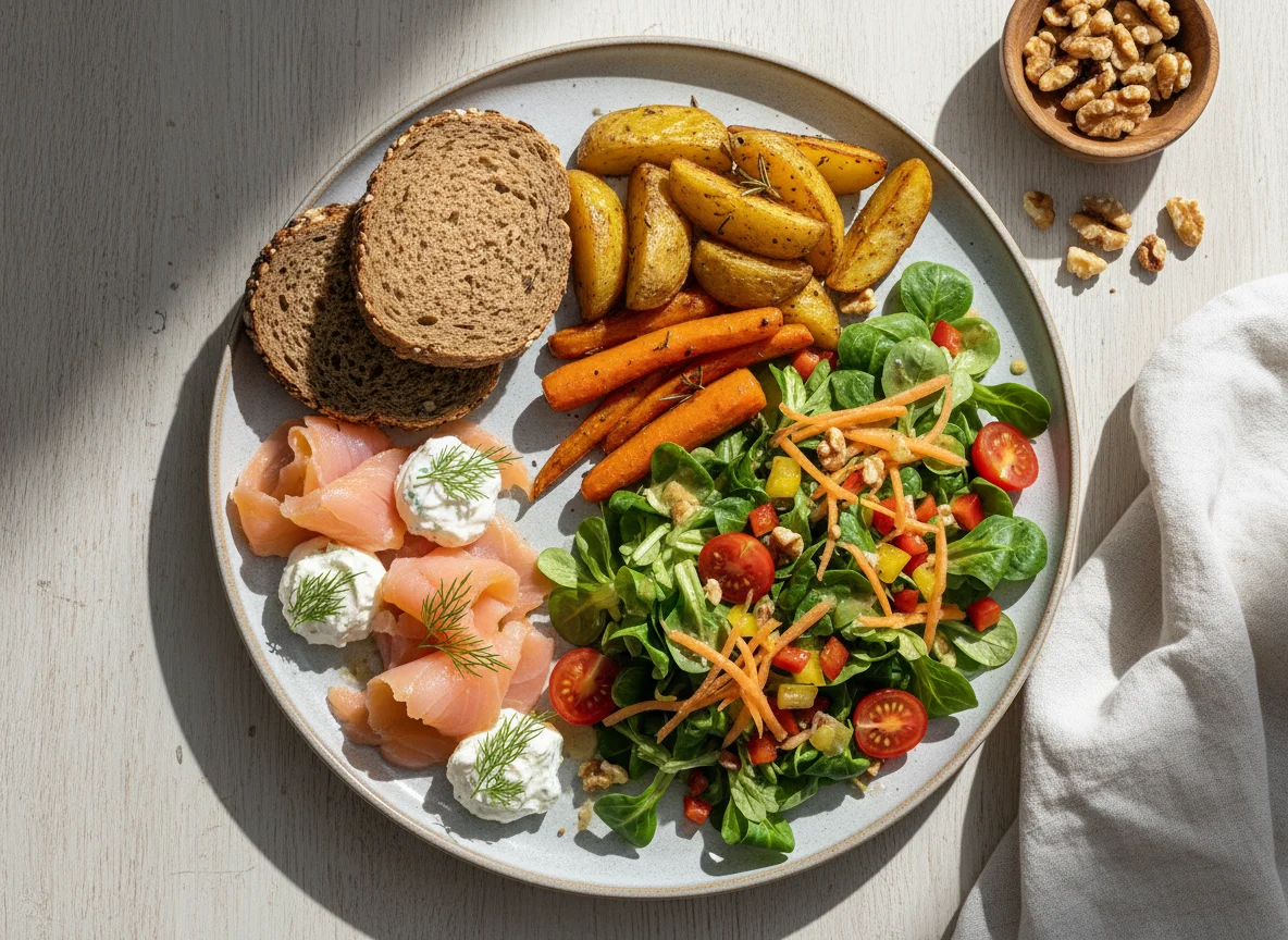 Gemischter Teller mit Lachs, Gemüse und Salat photo